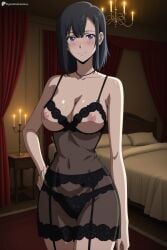 1girl ai_generated bed black_hair black_panties blush bra breasts candle cleavage closed_mouth collarbone curtains digitalwaifugallery garter_belt hand_on_own_hip hanebado! hi_res high_quality high_resolution indoors jewelry large_breasts lingerie looking_at_viewer medium_hair navel necklace nipples panties patreon purple_eyes seductive see-through sexy shiwahime_yuika short_hair smile solo standing uncensored underwear watermark