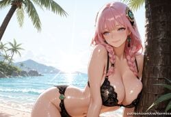 1girl ai_generated bangs beach black_bra black_panties blue_eyes blue_sky blush bra braid breasts citlali_(genshin_impact) cleavage closed_mouth day earrings genshin_impact hair_ornament heart heart-shaped_pupils jewelry kermixx lace large_breasts long_hair looking_at_viewer navel ocean outdoors palm_tree panties patreon_username pink_hair shiny_skin sky smile solo sunlight symbol-shaped_pupils tree twin_braids underwear underwear_only wet