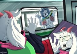 1boy 1girls blush deltarune flashing flashing_breasts g4rron large_breasts ralsei shocked tagme temmie_(undertale) train train_interior