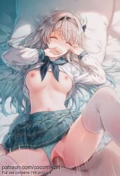 1boy 1girl 2026 ai_generated bed_sheet black_hairband blue_panties blue_skirt blush breasts censored clitoris closed_eyes clothed_sex clothes_lift clothing_aside cocomiyart covering_own_mouth firefly_(honkai:_star_rail) gradient_hair green_panties green_skirt grey_hair hair_ornament hair_spread_out hairband hetero highres honkai:_star_rail long_hair long_sleeves lying medium_breasts miniskirt missionary motion_lines multicolored_hair navel neckerchief nipples no_bra nose_blush nsfw nude on_back on_bed panties panties_aside penis pillow plaid_skirt pleated_skirt pov pussy sailor_collar school_uniform serafuku sex shirt shirt_lift skirt skirt_lift solo_focus spread_legs sweat thighhighs trembling uncensored underwear vaginal white_shirt white_thighhighs