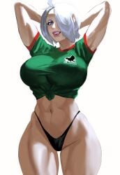 angel_(kof) arms_behind_head arms_up ass_visible_through_thighs belly belly_button big_boobs big_breasts big_tits blue_eyes boobs breasts female female_focus female_only football football_uniform jersey king_of_fighters large_boobs large_breasts large_tits mashingvaquita mexican_female mexico midriff midriff_baring_shirt navel pale-skinned_female pale_skin soccer_uniform thick_ass thick_thighs thigh_gap thighs thong tight_clothing tits titties white_hair wide_hips wide_thighs