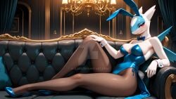 1girls aijlabs anthro blush breasts bunny_ears bunny_girl bunnysuit couch fake_animal_ears high_heels large_breasts latios legendary_pokemon leotard looking_at_viewer pantyhose playboy_bunny pokemon red_eyes sitting wrist_cuffs