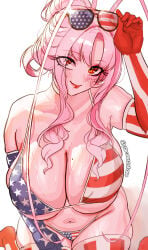 1girl 1girls american_flag american_flag_bikini american_flag_print antennae arthropod_girl big_breasts bikini breasts cockroach_girl commentary curvy elbow_gloves english_commentary eyewear_on_head facial_mark female flag_print flag_print_bikini gloves hair_bun highres huge_breasts indie_virtual_youtuber large_breasts looking_at_viewer massive_breasts matara_kan mature mature_female milf mole mole_on_breast mommy monster_girl navel pink_hair print_bikini red_eyes red_lips sidelocks sitting smile solo sunglasses swimsuit thick_thighs thighhighs thighs tits vacantstone virtual_youtuber vtuber wet white_background wide_hips
