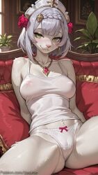 2girls ai_generated animal_ears blonde_hair blue_eyes blush breasts clothes_lift clothing_aside cross cum cum_on_body cum_on_breasts cum_on_clothes cum_on_stomach decurse ejaculation erection furry furry_female futa_with_female futanari genshin_impact jewelry labcoat large_breasts lying multiple_girls navel necklace nipples noelle_silva on_back orange_shirt orange_sweater panties penis pov shirt_lift short_hair sleeveless sleeveless_sweater solo_focus spread_legs sweater thighhighs turtleneck uncensored underwear veins veiny_penis