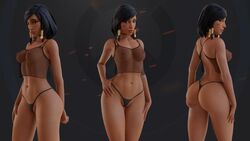 1girls 3d arhoangel blender blizzard_entertainment dark-skinned_female dark_skin female female_only fishnet_shirt looking_at_viewer mesh_top overwatch pharah solo thong