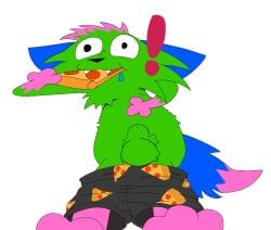 animal_genitalia anthro bodily_fluids bottomwear bottomwear_down clothed clothing don't_touch_my_pizza_(meme) exclamation_point food fully_sheathed fur genitals gigaderp123 green_body green_fur hi_res holding_food holding_object kevin_(nyanwolf) male multicolored_body multicolored_fur nyanwolf pants pants_down partially_clothed saliva sheath shorts silly solo surprised toony