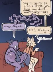 2026 abdominal_bulge absurd_res ambiguous_gender ambiguous_prey anthro belly belly_squish bodily_fluids canid canine canis comic dialogue dipstick_tail english_text fox fur furniture hi_res hiding_vore imprint larger_pred leg_markings male male/ambiguous male_pred mammal markings mollietown nervous nervous_sweat oblivious on_sofa onomatopoeia paw_imprint purple_body purple_fur rumbling_stomach sitting sitting_on_sofa size_difference socks_(marking) sofa sound_effects speech_bubble squish sweat tail tail_markings tan_body tan_fur text vore wolf