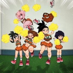 6+girls 6girls black_hair boku_no_hero_academia breasts brown_hair cheerleader cheerleader_uniform erect_nipples female female_focus floating green_hair horns jellot jirou_kyouka kyoka_jiro looking_at_viewer male mina_ashido momo_yaoyorozu multiple_females multiple_girls my_hero_academia nipples ochako_uraraka pink_hair pink_skin purple_hair shounen_jump smile take_your_pick teenager tooru_hagakure tooru_hagakure_(visible) tsunapiko tsuyu_asui