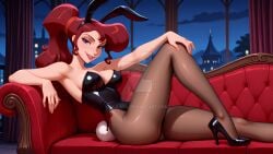 1girls aijlabs breasts bunny_ears bunny_girl bunnysuit cleavage couch disney fake_animal_ears hercules_(disney) high_heels leotard looking_at_viewer megara pantyhose playboy_bunny ponytail red_hair sitting