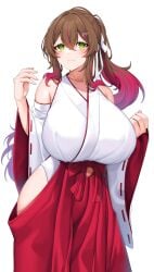 breasts brown_hair curvy green_eyes hairclip hip_vent huge_breasts indie_virtual_youtuber long_hair miko multicolored_hair navel navel_cutout nontraditional_miko ponytail red_hair solo suruga_(xsurugax) wide_sleeves