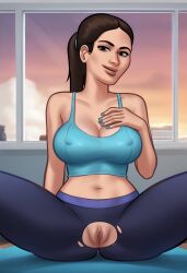1girls 2d 2d_(artwork) ai_generated anna_(summertime_saga) areola areolae athletic athletic_female beautyash big_breasts breasts brown_hair brunette clothing digital_drawing_(artwork) digital_media_(artwork) female female_focus female_only leggings medium_breasts nipples on_knees open_legs pants ponytail pussy pussy_lips ripped_clothing ripped_pants spread_legs summertime_saga tank_top thick_thighs topwear vagina yoga_mat yoga_pants