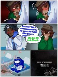 among_us among_us_(series) among_us_blue among_us_green black_body black_hair bubble_text closed_eyes comic crewmate_(among_us) cum cumming_in_mouth curly_hair curly_hair_male explosion impostor_(among_us) red_eyes short_comic sucking_penis twitter_link w3ird_th3y