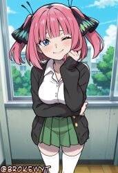 1girl ai_generated arm_under_breasts bangs black_cardigan black_ribbon blue_eyes blunt_bangs blush breasts brokewyt butterfly_hair_ornament cardigan collarbone cuckold go-toubun_no_hanayome green_skirt hair_ornament hair_ribbon hi_res high_quality high_resolution highres indoors large_breasts long_sleeves looking_at_viewer nakano_nino netorare one_eye_closed open_cardigan open_clothes pink_hair pleated_skirt ribbon school_uniform shirt short_hair skirt sky smile solo thighhighs twintails uncensored white_shirt white_thighhighs window zettai_ryouiki