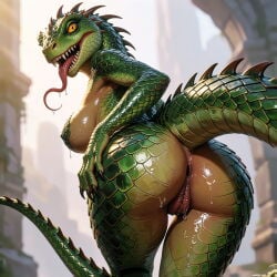 ai_comfyui ai_generated clawed_fingers green_scales lizard_girl lizard_tail long_tongue presenting_ass presenting_pussy scalie scalie_female scalie_humanoid self_upload slit_pupils standing_in_water tail thick_labia thick_pussy tongue_out yellow_eyes