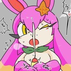 1:1 2026 ardest big_ears bodily_fluids cum disembodied_penis duo ejaculation female feral flopie floppy_ears front_view genital_fluids genitals grey_background handjob heart_symbol humanoid_genitalia humanoid_penis kemono male male/female one_eye_closed open_mouth pal_(species) palworld penile penis pink_body pocketpair sex simple_background sweat tan_body text yellow_eyes