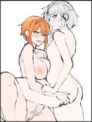 2girls ass ass_grab back breast_press breasts cleavage clenched_teeth colored_sketch drake_(nikke) eyebrows_visible_through_hair female female_focus female_only from_behind goddess_of_victory:_nikke grass grin large_breasts looking_at_viewer low_res maxwell_(nikke) nude one_leg_up orange_hair pale_skin pussy red_eyes short_hair sidelocks simple_background small_breasts smile teeth white_background white_hair yeti_niwano yuri