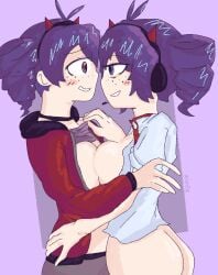 2girls ass blush blushing bottomless breasts breasts_out choker employee employee_uniform freckles headband headphones horned_headwear kasane_teto lifting_shirt microphone minimum_rage_(monochromenace) monochromenace mv_character necktie open_jacket purple_eyes red_eyes regret_rock_(monochromenace) rndmpa selfcest shirt shirt_lift synthesizer_v tagme tie touching_breasts utau vocaloid yuri