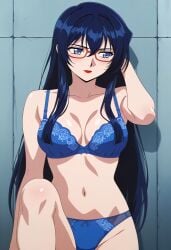 ai_generated blue_hair blue_panties bra hair_between_eyes long_hair majutsushi_orphen medium_breasts pale-skinned_female pale_skin panties red_lipstick stephanie_(majutsushi_orphen)