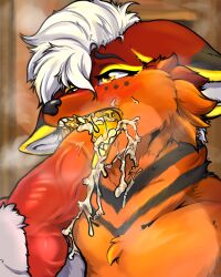 4:5 absurd_res ambiguous_fluids anthro bodily bodily_fluids canid canine clothed clothing cum cumshot duo ejaculation erection fellatio fox fur genital_fluids genitals hair hi_res male male/male mammal minet nude oral penetration penile penis sex smile solmagnum solo_focus vaineris