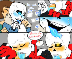 1girls 2boys blowjob blue_penis comic_page ectoplasm fellatio frisk male_on_male nsfwshamecave orange_tongue papyrus sans undertale