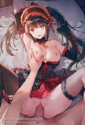1boy 1girl 2026 ai_generated arm_behind_head arm_up armpits asymmetrical_hair asymmetrical_legwear bare_shoulders bed_sheet black_dress black_gloves black_hair black_thighhighs breasts breasts_out clitoris clock_eyes clothed_female_nude_male clothed_sex clothes_pull cocomiyart date_a_live detached_collar dress dress_pull elbow_gloves fishnet_thighhighs fishnets frilled_dress frilled_hairband frills from_above gloves gothic_lolita grabbing grabbing_another's_breast gumroad_username hairband hetero heterochromia highres large_breasts lolita_fashion lolita_hairband long_hair looking_at_viewer lying medium_breasts mismatched_legwear missionary motion_lines neck_ribbon nipples no_panties nsfw nude on_back on_bed open_mouth penis pillow pov pussy pussy_juice red_dress red_eyes red_ribbon ribbon sex solo_focus spread_legs symbol-shaped_pupils thighhighs tokisaki_kurumi torn_clothes torn_thighhighs twintails two-tone_dress uncensored uneven_twintails vaginal yellow_eyes