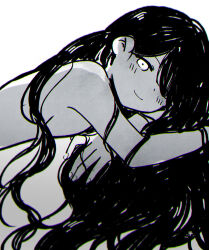 1girl black_hair blush breast_press breasts colored_skin completely_nude crossed_arms greyscale hair_over_one_eye head_rest highres kokomi_(aniesuakkaman) long_hair looking_at_viewer lying mari_(omori) medium_breasts monochrome nude omocat_(style) omori on_stomach smile solo white_skin