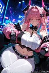 1girl ai_assisted ai_generated arknights:_endfield bangs bare_shoulders belt black_gloves blush breasts cleavage crop_top curvaceous curvy curvy_female curvy_figure eyebrows_visible_through_hair female gloves hair_intakes heart horns jacket jewelry large_breasts long_hair looking_at_viewer midriff miyuai navel pants pink_eyes pink_hair pointy_ears sidelocks sitting smile solo tail thick thick_ass thick_butt thick_hips thick_legs thick_thighs two_side_up voluptuous voluptuous_female wide_hips wide_thighs yvonne_(arknights:_endfield)