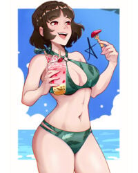 1girls absurd_res alluring bare_shoulders bikini blunt_bangs blush braid brown_hair commentary crown_braid cup drinking_glass english_commentary food fork fruit green_bikini high_res holding holding_cup holding_fork makoto_niijima navel ocean official_alternate_costume open_mouth persona persona_5 persona_5_scramble:_the_phantom_strikers red_draws5 red_eyes short_hair smile stomach swimsuit teeth upper_teeth_only water watermelon watermelon_slice