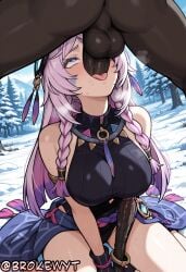 1boy 1girl ai_generated animal_penis ass bare_shoulders black_gloves black_leotard blue_eyes blush braid breasts brokewyt citlali_(genshin_impact) cuckold dark-skinned_male dark_skin erection fellatio fingerless_gloves genshin_impact gloves hair_ornament hetero hi_res high_quality high_resolution highres huge_penis interracial large_breasts large_penis leotard licking licking_penis long_hair netorare oral outdoors penis penis_on_face pink_hair purple_hair sitting snow solo_focus testicles tongue tongue_out twin_braids uncensored