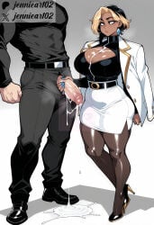 1boy 1girl after_ejaculation after_paizuri ai_generated belt black_belt black_footwear black_hair black_pantyhose black_shirt blonde_hair blue_eyes blue_nails breasts brown_pantyhose cleavage cleavage_cutout clenched_hand clothing clothing_cutout cum cum_on_body cum_on_breasts cum_pool cum_string cumdrip curvy dark-skinned_female dark-skinned_male dark_skin earrings english_text erection facial female fingernails footwear full_body gradient_background handjob head_out_of_frame height_difference hetero high_heels huge_breasts huge_penis interracial jacket jacket_on_shoulders jennieart02 jewelry large_breasts large_penis long_sleeves looking_at_penis male miniskirt mole multicolored_hair muscular muscular_male nail_polish office_lady open_fly pants pantyhose patreon patreon_logo patreon_username pencil_skirt penis penis_grab penis_out plump semen shirt shoes short_hair skirt solo_focus standing stiletto_heels thick_thighs thighs triangle_earrings twitter twitter_logo twitter_username two-tone_hair veins veiny_penis very_dark_skin watermark white_jacket white_skirt