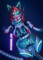 asphyxiation bdsm black_hair bondage bound choking cum cyan_eyes eyes_rolling_back glowing_eyes glowing_genitalia heart_shaped_pupils kitsuwune_b3d large_breasts pleasured red_hair robot robot_girl sexbot tentacle tentacle_bondage tentacle_sex tentacle_wrapped_around_neck vagina vaginal_penetration velvet-01_(kitsuwuneb3d) visible_skeleton