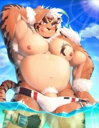 1boy 2020 anthro armpit_hair belly blue_eyes body_hair bulge clothing delta3814 felid genitals hi_res hombretigre humanoid_hands kemono male male_only mammal moobs nipples outside overweight overweight_anthro overweight_male pantherine penis pubes solo speedo swimwear tiger tokyo_afterschool_summoners tongue tongue_out video_games water