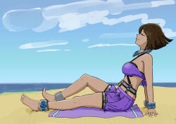 1girls ankle_cuffs beach brown_hair chastity_belt chastity_bra chastity_device collar female female_chastity female_only femsub happy metal_collar metal_cuffs miranda_(plasma-dragon) outdoors plasma-dragon sand shorts smile smiling thigh_cuffs wrist_cuffs