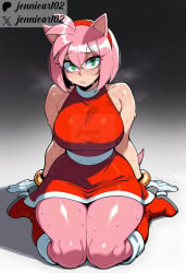 1girl ai_generated alternate_breast_size amy_rose animal_ears artist_name bare_shoulders blush boots bracelet breasts clothing dress female footwear full_body furry furry_female gloves green_eyes hairband headwear hedgehog_tail humanization jennieart02 jewelry knee_boots large_breasts looking_at_viewer pantyhose parted_lips patreon patreon_logo patreon_username pink_hair pink_pantyhose red_dress red_footwear red_hairband shoes short_hair sitting sleeveless solo sonic_the_hedgehog_(series) sweat tail thick_thighs thighs twitter twitter_logo twitter_username wariza watermark web_address white_gloves