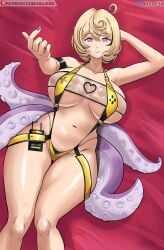 1girls animal_tail arm_strap artist_name big_breasts blonde_hair breasts cleavage come_hither cosplay elegg_(boom_and_shock)_(nikke)_(cosplay) female female_only gloves goddess_of_victory:_nikke hair hand_behind_head hips huge_breasts nail_polish nails official_alternate_costume purple_eyes purple_nail_polish purple_nails revealing_clothes skimpy skimpy_clothes sling_bikini smile solo solo_female swimwear tail tentacle_tail thick_thighs thigh_strap thighs xsajenx yellow_sling_bikini yidhari_murphy zenless_zone_zero