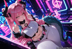 1girl ai_assisted ai_generated arknights:_endfield bangs bare_shoulders belt black_gloves blush breasts cleavage closed_mouth collarbone crop_top curvaceous curvy curvy_female curvy_figure dragon_horns dragon_tail eyebrows_visible_through_hair female gloves hair_ornament heart horns jacket large_breasts long_hair long_sleeves looking_at_viewer midriff miyuai navel open_jacket pants pink_hair pointy_ears sidelocks sleeveless smile solo tail thick thick_ass thick_butt thick_hips thick_legs thick_thighs two_side_up voluptuous voluptuous_female wide_hips wide_thighs yvonne_(arknights:_endfield)