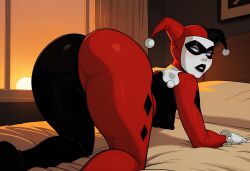 1girls 2d 2d_(artwork) ai_assisted ai_generated all_fours ass batman_(series) beautyash big_ass bodysuit bubble_ass bubble_butt cameltoe costume dc dc_comics digital_drawing_(artwork) digital_media_(artwork) female female_focus female_only harley_quinn harley_quinn_(classic) jester jester_costume jester_outfit light-skinned_female light_skin on_all_fours on_knees presenting presenting_ass pussy pussy_lips thick_ass thick_thighs vagina