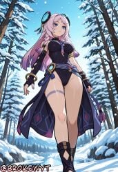 1girl ai_generated bangs bare_shoulders black_gloves black_leotard blue_eyes bracelet braid breasts brokewyt citlali_(genshin_impact) cuckold elbow_gloves feet_out_of_frame fingerless_gloves forest from_below genshin_impact gloves hair_ornament hi_res high_quality high_resolution highleg_leotard highres jewelry large_breasts leotard long_hair medium_breasts nail_polish nature netorare outdoors pink_hair purple_nails snow snowing solo standing thighs tree twin_braids uncensored winter