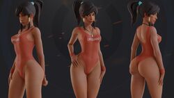 1girls 3d arhoangel blender dark-skinned_female dark_skin female female_only lifeguard_pharah looking_at_viewer multiple_views nipple_bulge one-piece_swimsuit overwatch pharah ponytail solo