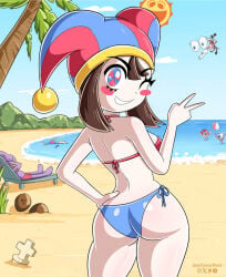 ass_focus back_view background_characters beach bikini caine_(the_amazing_digital_circus) jax_(the_amazing_digital_circus) looking_at_viewer peace_sign pomni_(the_amazing_digital_circus) soycuscatleco the_amazing_digital_circus winking_at_viewer zooble_(the_amazing_digital_circus)