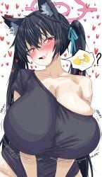 abydos_high_school_student alternate_breast_size big_breasts black_hair blue_archive blush breasts cat_ears catgirl emojis halo huge_breasts large_breasts red_eyes serika_(blue_archive) suggestive suggestive_gesture txlyre