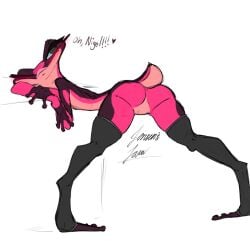 anthro ass ass_focus back_view bent_over blush flat_chest frog frog_girl gabi_(rio) green_eyes jenghck no_bra no_panties pink_body rio_(series) slim_waist speech spread_legs stockings tagme tail text