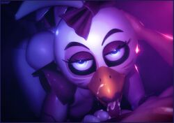 3d_(artwork) accessory animatronic anthro avian beak bird blue_eyes bodily_fluids breasts chicken cum cum_on_beak digital_media_(artwork) fellatio female five_nights_at_freddy's five_nights_at_freddy's:_security_breach galliform genital_fluids genitals glamrock_chica grabbing_head half-closed_eyes hi_res lipstick looking_at_viewer machine makeup male male/female mrcourage616 narrowed_eyes nude on_model oral penetration penile penis phasianid robot scottgames sex steel_wool_studios