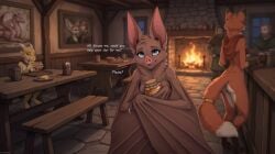 2026 accessory ai_generated alternate_version_at_source anthro bat bat_ears bat_girl bat_nose blue_eyes blurred_background bottomless bottomless_anthro bottomless_female bracelet brown_body brown_fur canid canine casual casual_exposure casual_nudity chirling_(midria) clothed clothed_human clothed_male clothing covering covering_breasts cozy cute depth_of_field detailed_background dialogue director_name eating eating_sandwich english_text eyelashes fantasy female female_anthro fireplace folrixi_(midria) food fox fully_clothed fur furgonomic furry group hi_res honey honey_jar human jar jewelry kobold kobold_(midria) looking_at_viewer male_human mammal medieval membrane_(anatomy) membranous_wings nonsexual_nudity nude nude_anthro nude_female overland_kobold_(midria) painting_(object) ring sandwich sandwich_(food) scalie solo_focus tagme tail tail_accessory tail_jewelry tail_ring tavern terraraptor text wholesome winged_arms wings world_of_midria