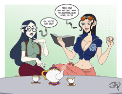 2girls beauty_and_the_beast_(1991_film) big_boobs big_breasts black_hair blue_eyes blue_hair book chatting chillguydraws commission commissioner_upload compliment eastern_and_western_character female female_only frostbiteboi glasses green_eyes holding_book large_breasts lilith_clawthorne midriff midriff_baring_shirt mrs._potts nico_robin one_piece orange_sarong pointy_ears sarong sunglasses sunglasses_on_head teacup teapot the_owl_house wide_hips witch witch_(the_owl_house)
