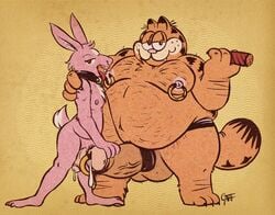 2020 2boys anthro balls belly bodily_fluids cute_fangs domestic_cat duo erection fat felid feline felis fur garfield_(series) garfield_the_cat garfoffinland gay genital_fluids genitals hi_res lagomorph leporid male male/male mammal moobs nipples obese obese_male orange_body orange_fur overweight overweight_male penis pink_body pink_fur precum rabbit simple_background tongue tongue_out