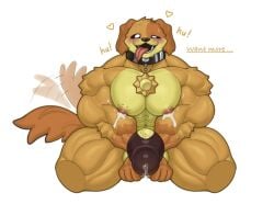 abs anthro awa1582 biceps big_muscles bite_mark black_clothing black_sclera black_underwear blush bodily_fluids breath bulge canid canine canis clothing collar countershade_face countershade_torso countershading detailed_bulge dialogue dogday_(poppy_playtime) domestic_dog english_text erection forearm_muscles fur genital_fluids genitals heart_symbol huge_muscles kneeling lactating leaking_precum looking_pleasured male male_lactation mammal mob_entertainment muscular muscular_anthro muscular_male nipples orange_body orange_fur panting pecs penis penis_base poppy_playtime precum precum_through_clothing pupils quads sitting smiling_critters solo sweat tail tail_motion tailwag text tongue tongue_out trapezius triceps underwear vein veiny_penis wet wet_clothing white_pupils yellow_body yellow_fur