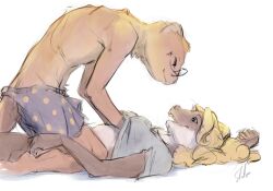 2021 anthro anthro_on_anthro black_nose blonde_hair boxers_(clothing) breasts brown_body brown_fur brown_hair clothed clothing clothing_lift duo erection erection_under_clothing female foreplay fur hair lying male male/female mammal multicolored_body multicolored_fur mustelid musteline on_back paige_(tempo) shirt shirt_lift signature simon_(tempo) slate tail tenting topwear true_musteline two_tone_body two_tone_fur underwear weasel white_body white_fur