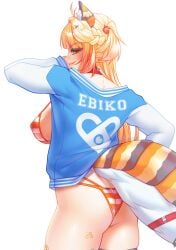 1girl 1girls absurdres animal_ears ass bikini blonde_hair blue_jacket breasts cat_ears ebiko_(vtuber) female from_behind highres indie_virtual_youtuber jacket large_breasts long_hair multicolored_jacket orange_bikini orange_eyes phloxberry shrimp_girl shrimp_hair_ornament shrimp_tail sideboob striped_bikini striped_clothes swimsuit thigh_strap thighs two-tone_jacket virtual_youtuber vtuber white_background white_bikini white_jacket