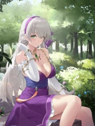 1girls big_breasts breasts breasts_out dress eiyuu_densetsu elie_macdowell female formal_dress green_eyes large_breasts long_hair official_alternate_costume purple_dress purple_ribbon ribbon ribbon_in_hair sitting trails_of_(series) white_hair zero_no_kiseki